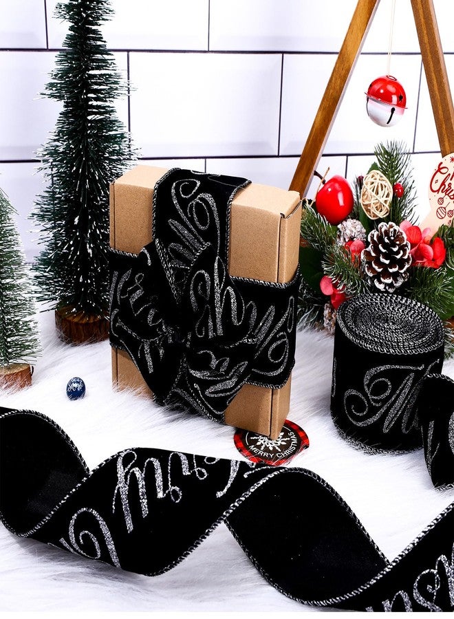 وولاين شريط مخملي سلكي من والين، لفتان، 2.5 بوصة، أسود وفضي لامع، لتزيين عيد الميلاد، مناسب لتغليف الهدايا، وصنع الأقواس، وأكاليل الزهور، وديكور المنزل، بطول 20 ياردة. - Image 4